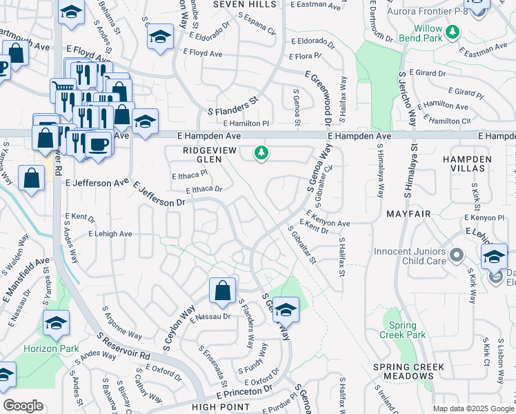 map of restaurants, bars, coffee shops, grocery stores, and more near 3720 South Espana Way in Aurora