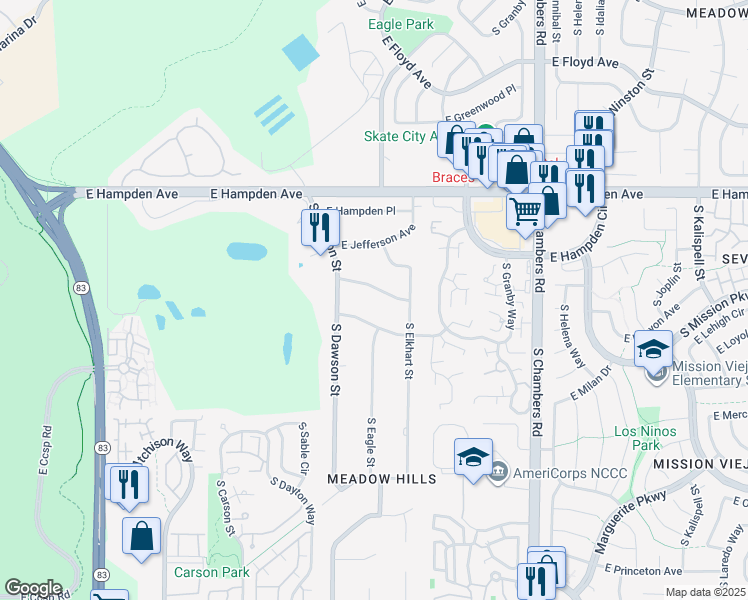 map of restaurants, bars, coffee shops, grocery stores, and more near 14720 East Kenyon Avenue in Aurora