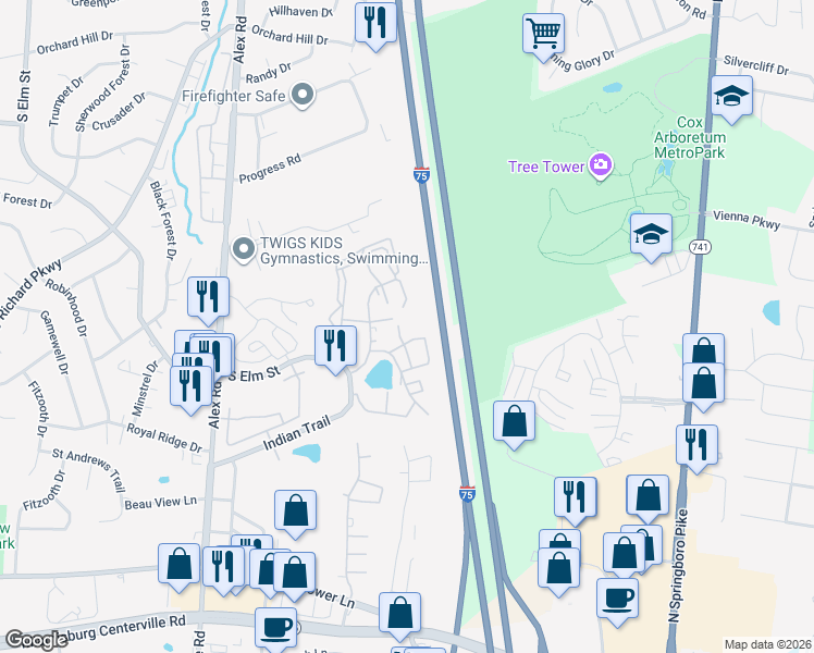 map of restaurants, bars, coffee shops, grocery stores, and more near 1107 Arrowhead Crossing in West Carrollton