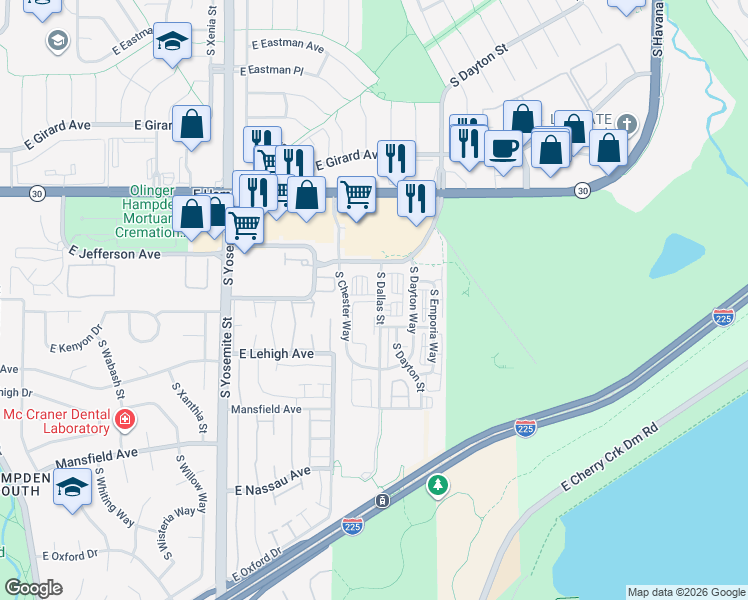 map of restaurants, bars, coffee shops, grocery stores, and more near 3635 South Dallas Street in Aurora