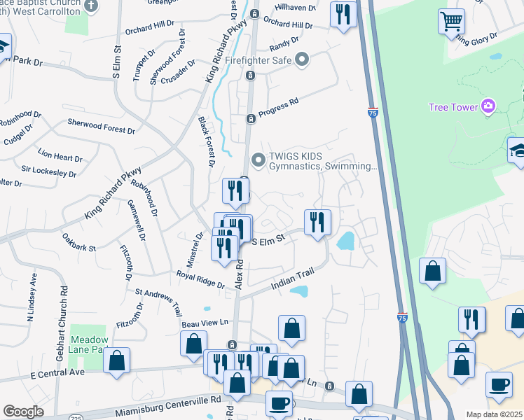 map of restaurants, bars, coffee shops, grocery stores, and more near 111 Woodknoll Drive in West Carrollton