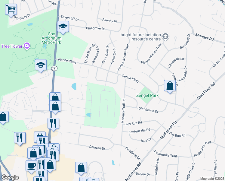 map of restaurants, bars, coffee shops, grocery stores, and more near 2590 Vienna Estates Drive in Dayton