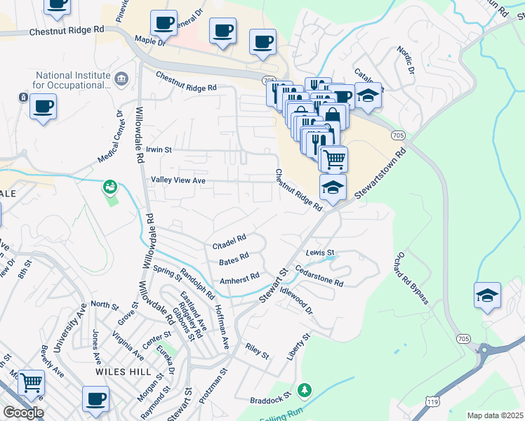map of restaurants, bars, coffee shops, grocery stores, and more near 22 Dartmouth Street in Morgantown