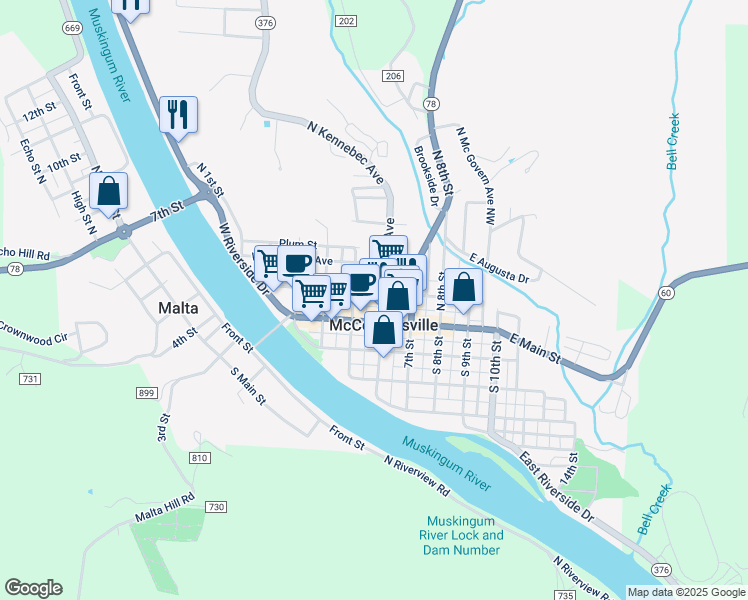 map of restaurants, bars, coffee shops, grocery stores, and more near 58 North Kennebec Avenue in McConnelsville