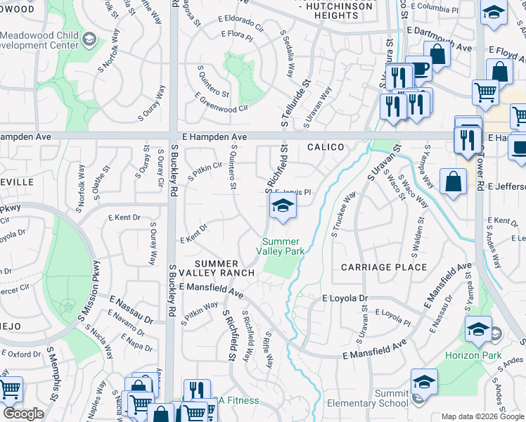 map of restaurants, bars, coffee shops, grocery stores, and more near 17294 East Kenyon Drive in Aurora