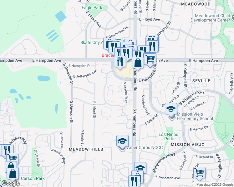 map of restaurants, bars, coffee shops, grocery stores, and more near 15146 East Jefferson Place in Aurora