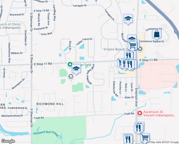 map of restaurants, bars, coffee shops, grocery stores, and more near 8100 Whitaker Valley Boulevard in Indianapolis