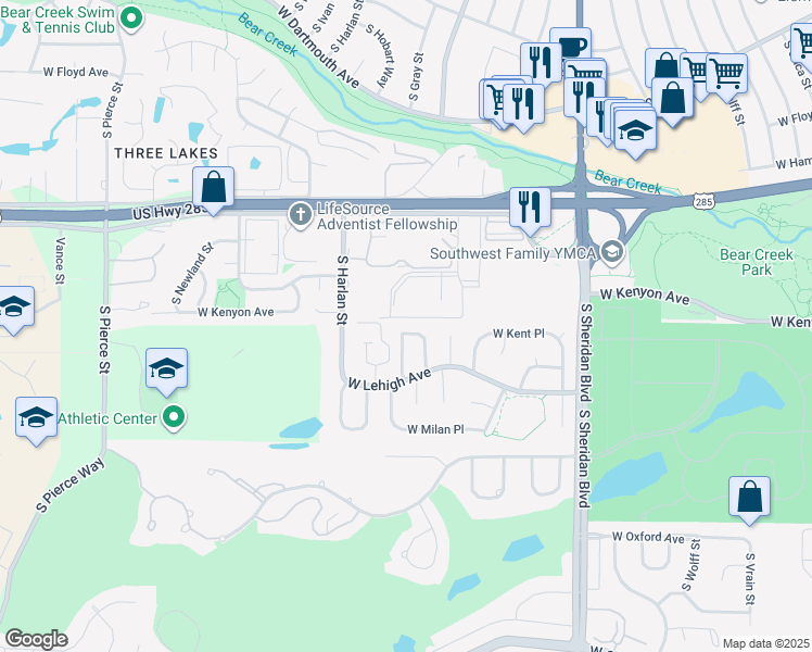 map of restaurants, bars, coffee shops, grocery stores, and more near 3702 South Fenton Way in Denver