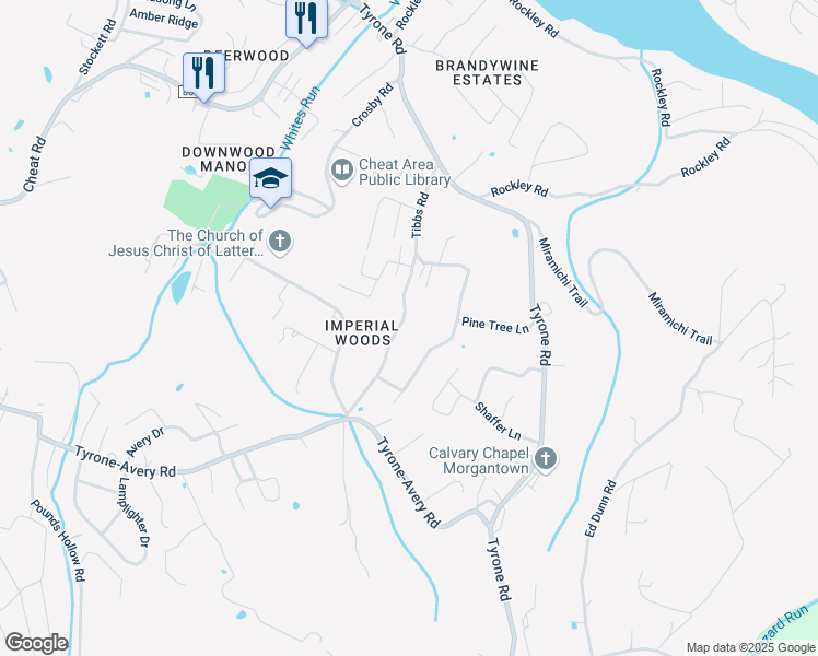 map of restaurants, bars, coffee shops, grocery stores, and more near 145 Tibbs Road in Morgantown