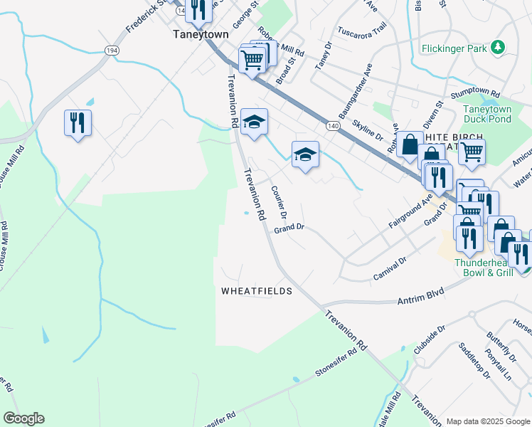 map of restaurants, bars, coffee shops, grocery stores, and more near 77 Trevanion Road in Taneytown