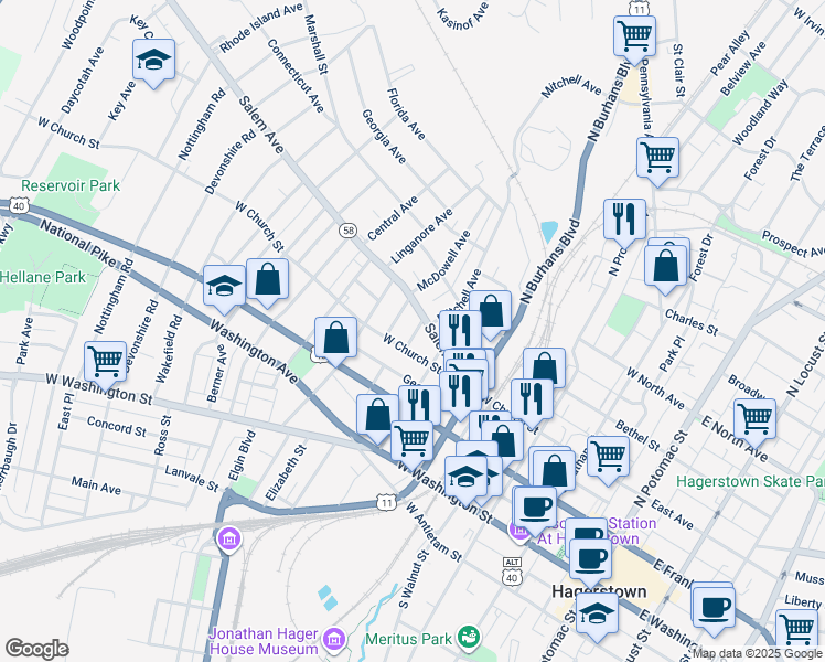 map of restaurants, bars, coffee shops, grocery stores, and more near 217 James Street in Hagerstown