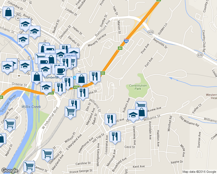 map of restaurants, bars, coffee shops, grocery stores, and more near 336 City View Terrace in Cumberland