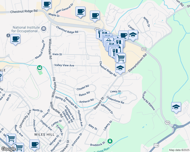 map of restaurants, bars, coffee shops, grocery stores, and more near 22 Dartmouth Street in Morgantown