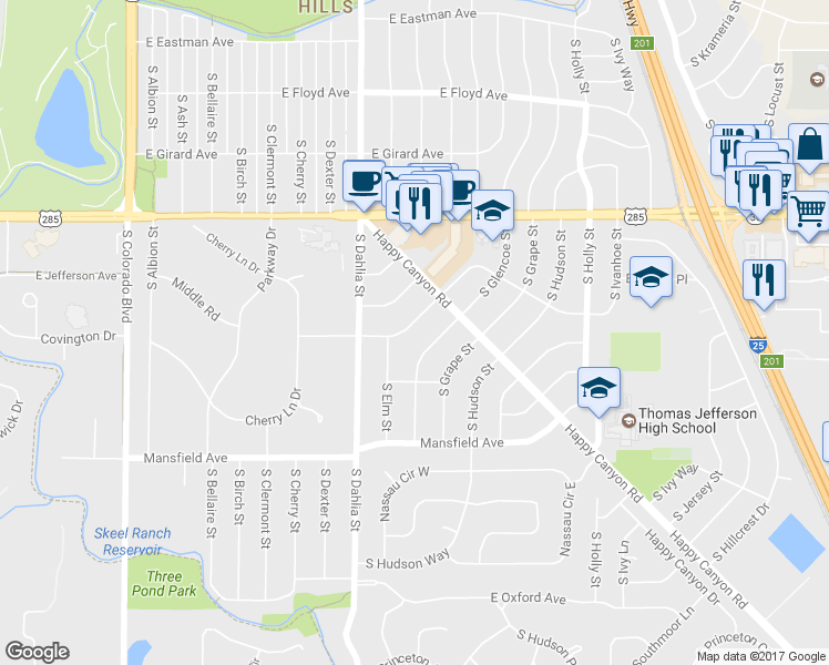 map of restaurants, bars, coffee shops, grocery stores, and more near 3746 South Forest Way in Denver