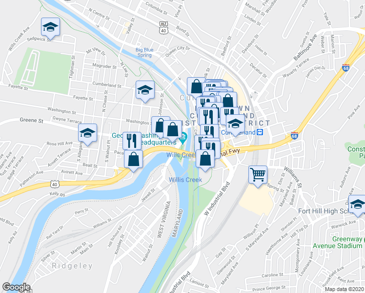 map of restaurants, bars, coffee shops, grocery stores, and more near 38 Greene Street in Cumberland