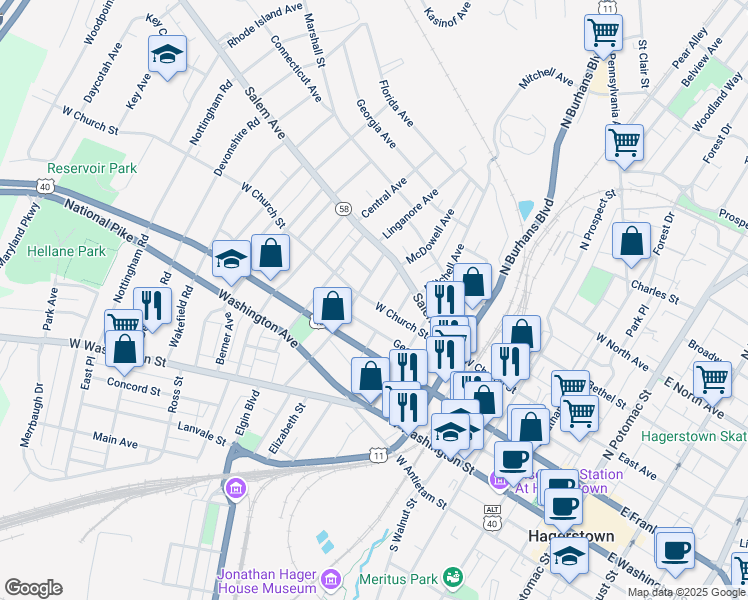 map of restaurants, bars, coffee shops, grocery stores, and more near 606 West Church Street in Hagerstown