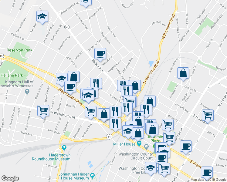 map of restaurants, bars, coffee shops, grocery stores, and more near 217 James Street in Hagerstown