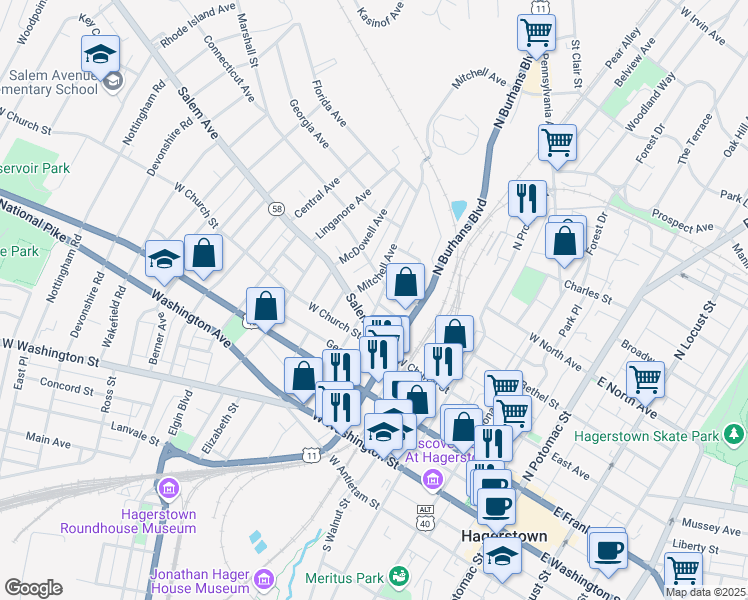 map of restaurants, bars, coffee shops, grocery stores, and more near 427 Kinslow Street in Hagerstown