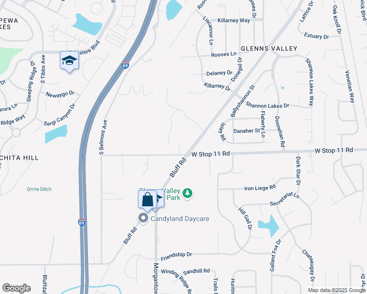 map of restaurants, bars, coffee shops, grocery stores, and more near 7990 Bluff Road in Indianapolis