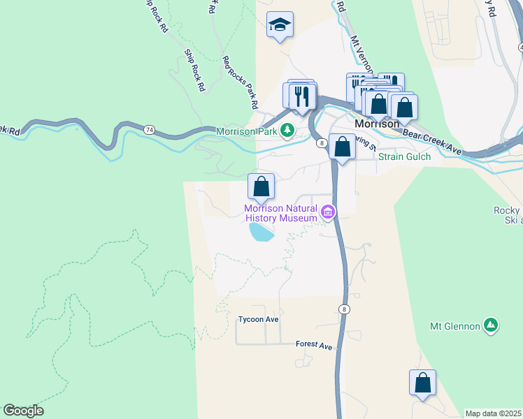 map of restaurants, bars, coffee shops, grocery stores, and more near 250 Red Rocks Vista Drive in Morrison