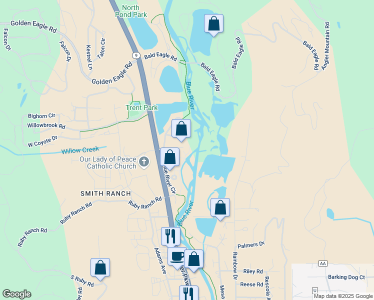 map of restaurants, bars, coffee shops, grocery stores, and more near 130 Creek Lane in Silverthorne
