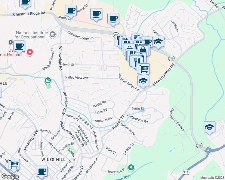map of restaurants, bars, coffee shops, grocery stores, and more near 22 Dartmouth Street in Morgantown