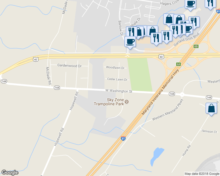 map of restaurants, bars, coffee shops, grocery stores, and more near 17534 West Washington Street in Hagerstown