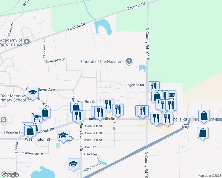 map of restaurants, bars, coffee shops, grocery stores, and more near 1132 Canterbury Drive in Greencastle