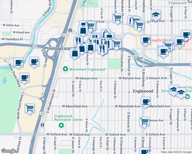 map of restaurants, bars, coffee shops, grocery stores, and more near 3680 South Galapago Street in Englewood