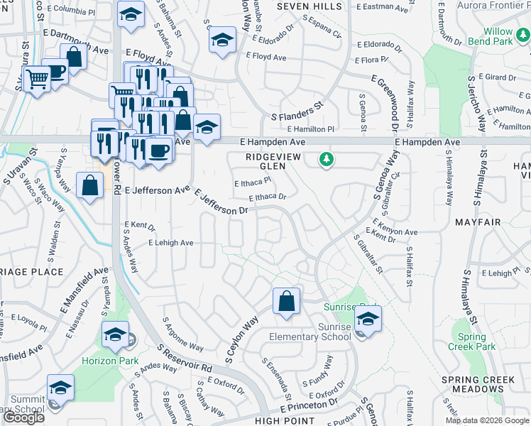 map of restaurants, bars, coffee shops, grocery stores, and more near 3680 South Danube Circle in Aurora