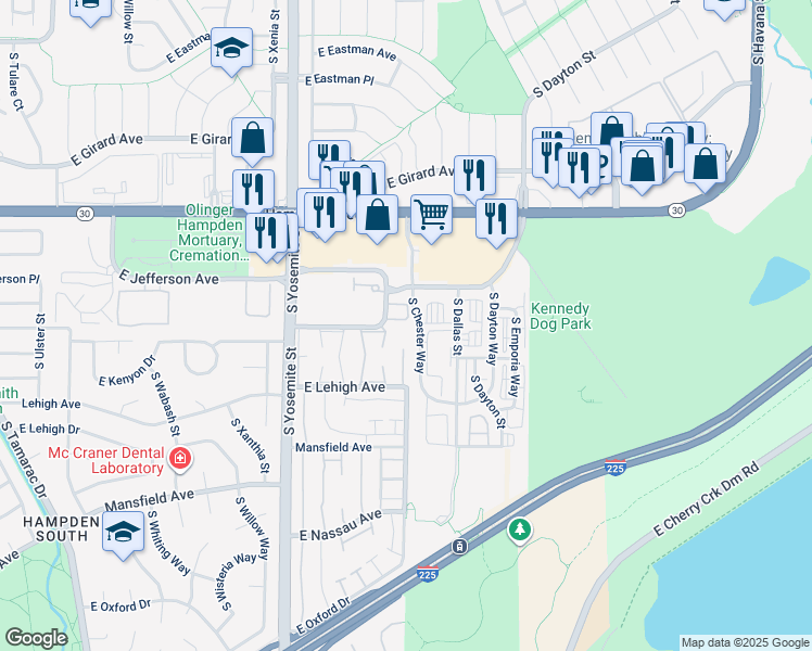 map of restaurants, bars, coffee shops, grocery stores, and more near 3690 South Beeler Street in Denver