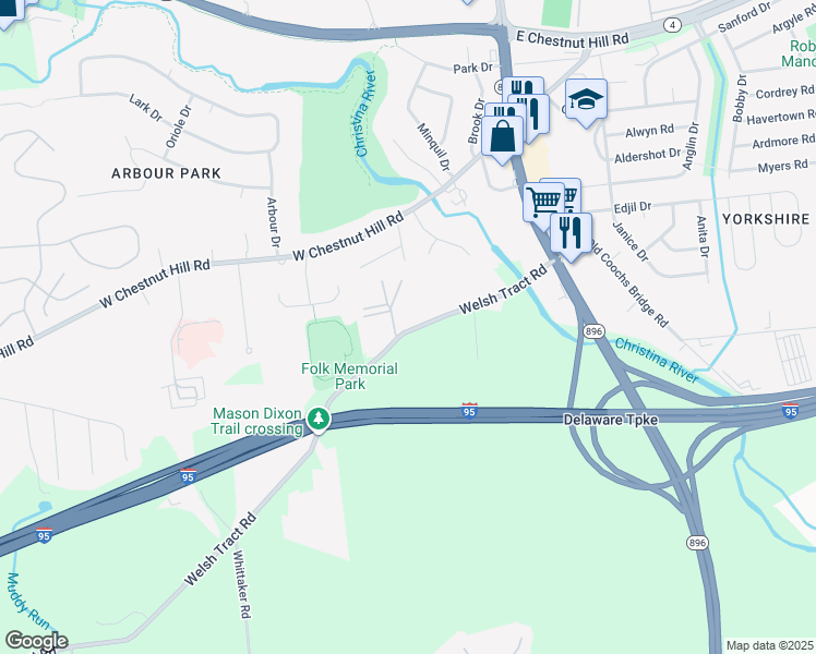 map of restaurants, bars, coffee shops, grocery stores, and more near 76 Welsh Tract Road in Newark