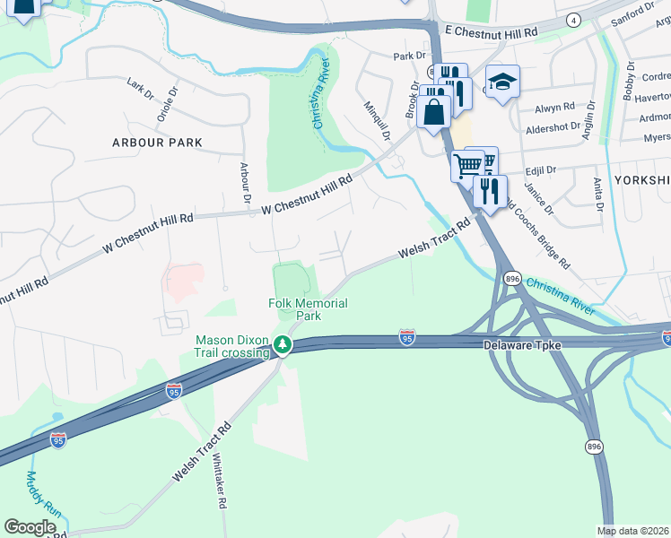 map of restaurants, bars, coffee shops, grocery stores, and more near 80 Welsh Tract Road in Newark