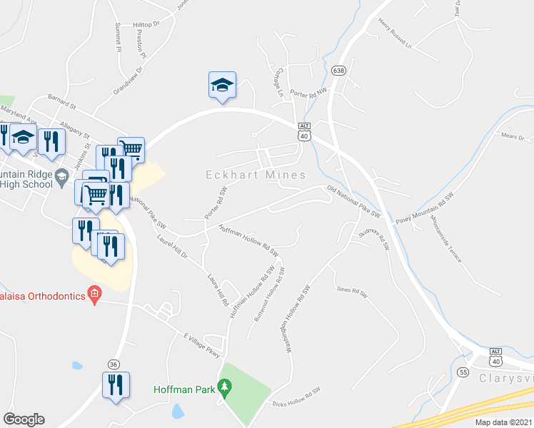 map of restaurants, bars, coffee shops, grocery stores, and more near 17100 Old National Pike Southwest in Frostburg