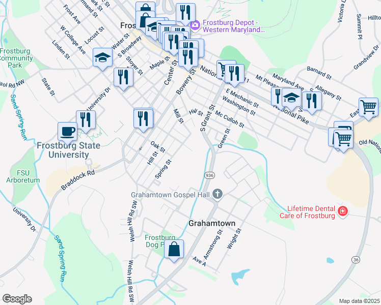 map of restaurants, bars, coffee shops, grocery stores, and more near 64 Spring Street in Frostburg