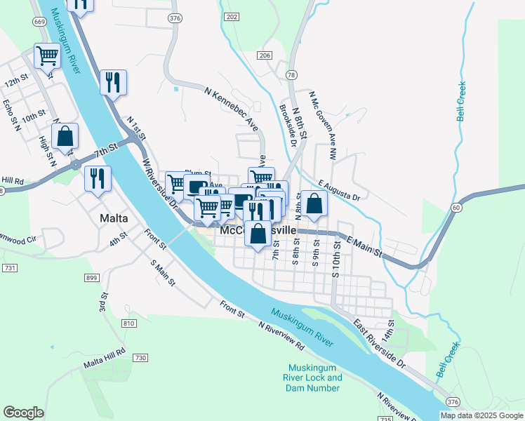 map of restaurants, bars, coffee shops, grocery stores, and more near 58 North Kennebec Avenue in McConnelsville