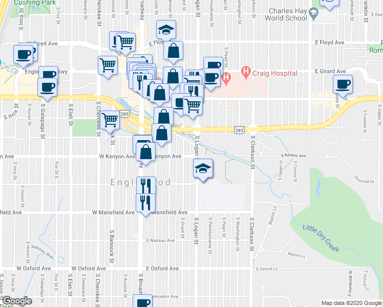 map of restaurants, bars, coffee shops, grocery stores, and more near 355 East Kenyon Avenue in Englewood