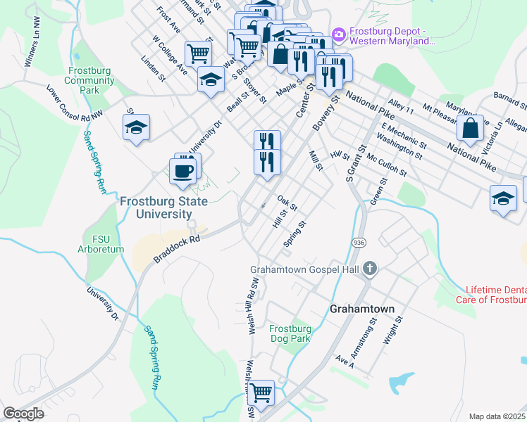 map of restaurants, bars, coffee shops, grocery stores, and more near 154 Bowery Street in Frostburg
