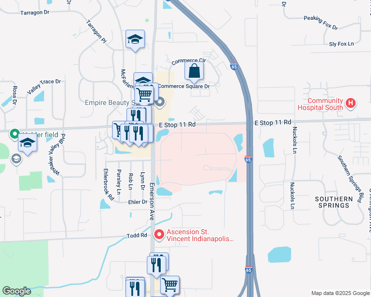 map of restaurants, bars, coffee shops, grocery stores, and more near 8051 South Emerson Avenue in Indianapolis