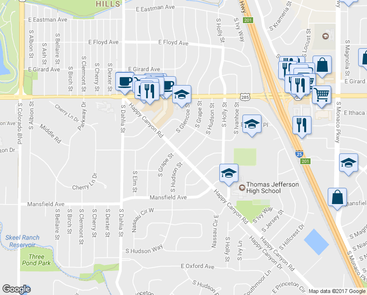 map of restaurants, bars, coffee shops, grocery stores, and more near 3682 South Grape Street in Denver