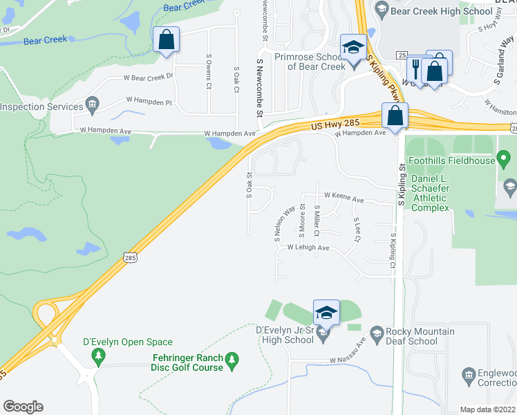 map of restaurants, bars, coffee shops, grocery stores, and more near 3687 South Newcombe Way in Lakewood