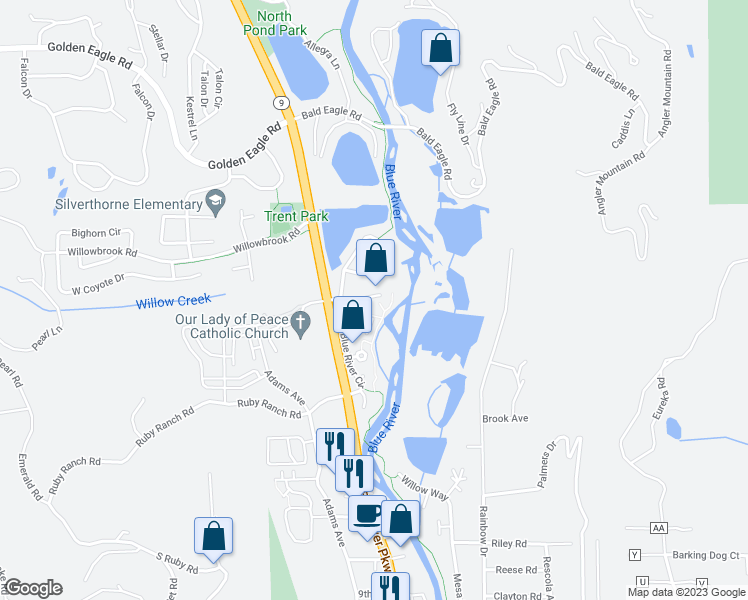 map of restaurants, bars, coffee shops, grocery stores, and more near 116 Creek Lane in Silverthorne