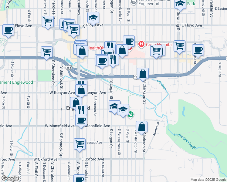 map of restaurants, bars, coffee shops, grocery stores, and more near 3692 South Logan Street in Englewood