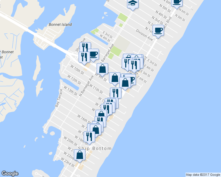 map of restaurants, bars, coffee shops, grocery stores, and more near 207 West 10th Street in Ship Bottom