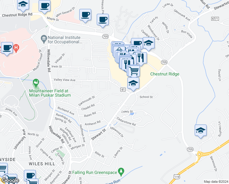 map of restaurants, bars, coffee shops, grocery stores, and more near 42 Linwood Rd in Morgantown