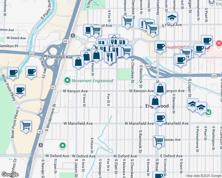 map of restaurants, bars, coffee shops, grocery stores, and more near 3690 South Fox Street in Englewood
