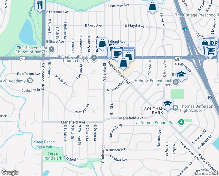 map of restaurants, bars, coffee shops, grocery stores, and more near 3775 South Forest Way in Denver