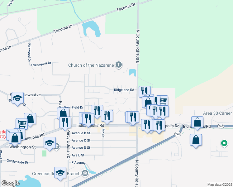 map of restaurants, bars, coffee shops, grocery stores, and more near 86 Ridgeland Road in Greencastle