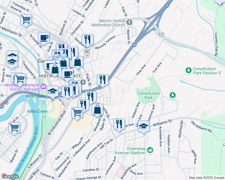map of restaurants, bars, coffee shops, grocery stores, and more near 336 City View Terrace in Cumberland
