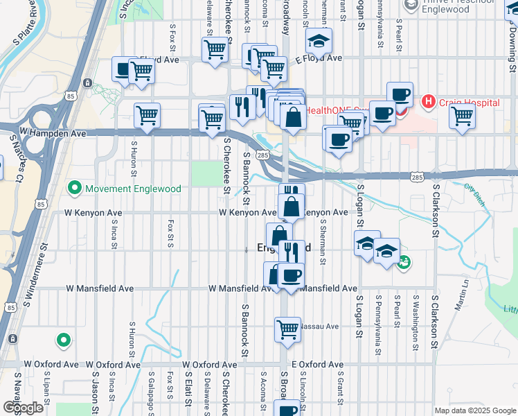 map of restaurants, bars, coffee shops, grocery stores, and more near 3695 South Acoma Street in Englewood